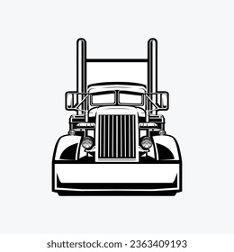 Classic Semi Trailer Truck Front View Vector Art Monochrome Silhouette Isolated