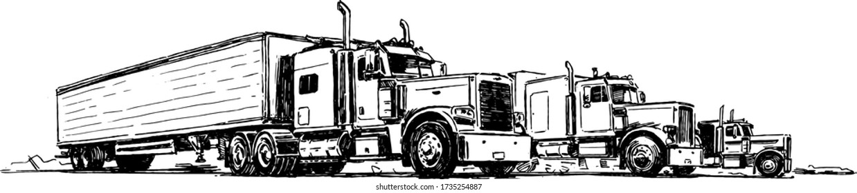 Classic Semi Trucks. Hand Drawn Illustration
