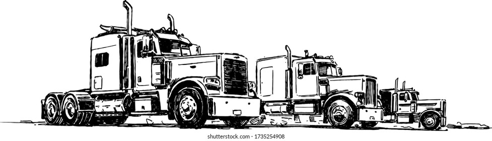 Classic Semi Trucks. Hand Drawn Illustration