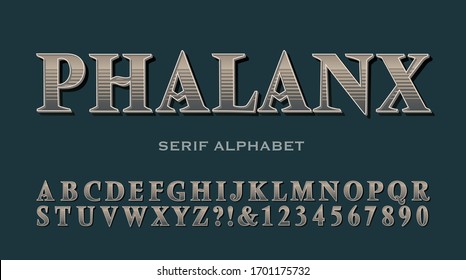 Fuente serif clásica con efecto de banda de degradado. Alfabeto de color mutilado como una portada antigua del libro.