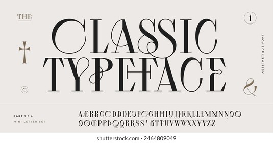 Classic serif font. Headline alphabet serif alphabet with graphic elements, sign, symbol, alternative letters. Classic creative serif font alphabet for design, typographic Vector Illustration