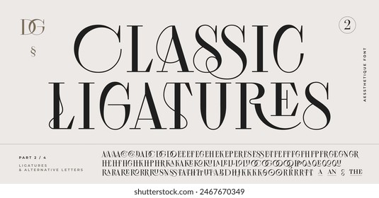 Classic serif font. Headline alphabet serif alphabet with graphic elements, sign, symbol, alternative letters. Classic creative serif font alphabet for design, typographic Vector Illustration