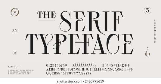 Classic serif font. Headline alphabet serif alphabet with graphic elements, sign, symbol, alternative letters. Classic creative serif font alphabet for design, typographic Vector Illustration