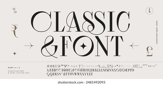 Classic serif font. Headline alphabet serif alphabet with graphic elements, sign, symbol, alternative letters. Classic creative serif font alphabet for design, typographic Vector Illustration