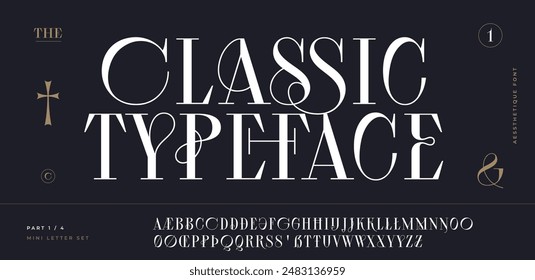 Classic serif font. Headline alphabet serif alphabet with graphic elements, sign, symbol, alternative letters. Classic creative serif font alphabet for design, typographic Vector Illustration