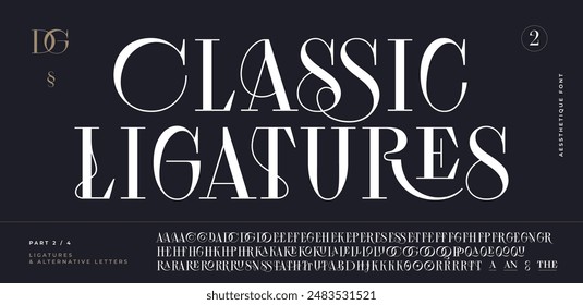 Classic serif font. Headline alphabet serif alphabet with graphic elements, sign, symbol, alternative letters. Classic creative serif font alphabet for design, typographic Vector Illustration