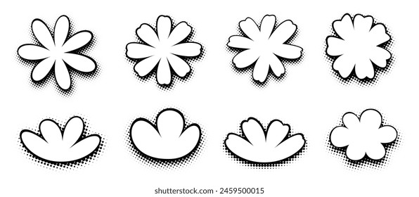 A classic set of black and white comic cloud shapes with halftone dot gradients, versatile for dialogue and sound effects in visual storytelling.