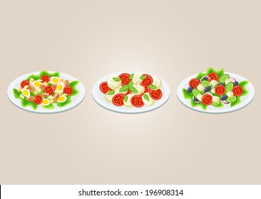 Classic set of three fresh and tasty green salads : caesar, caprese, greek on a white plates isolated with a background. Vector food illustration cartoon style