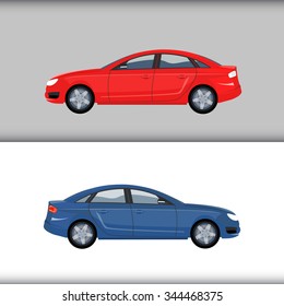 Classic set of two cars vector illustration over background. Blue and red colors. 