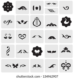 Classic set of typographic and calligraphic design elements for nice design. Icon like images on separate squares. Swirls and decorative dividers.