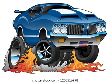 Classic Seventies American Muscle Car Hot Rod Cartoon Vector Illustration