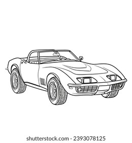 Classic Seventies Style American Convertible Muscle Car Cartoon Vector Illustration Hand-Drawn Outline Design, Isolated on White Background
