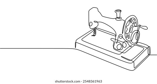 Classic sewing machine in a continuous line drawing, symbolizing traditional craftsmanship, sewing art, and vintage style with minimalist elegance.