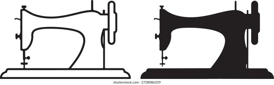 Classic sewing machine outline and silhouette icon representing textile craft and hobby isolated on white background