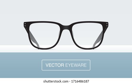 Classic shape black eyeglasses, lying on a shelf. Elegant eyewear isolated on a gray background. Vector illustration.