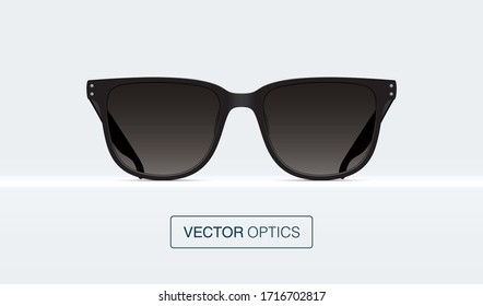 Lentes de sol negros de forma clásica, tirados en una estantería. Elegante anteojos aislados en un fondo blanco. Ilustración vectorial.