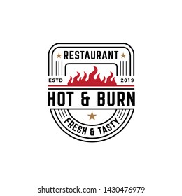 Classic shield emblem restaurant logo design with fire illustration