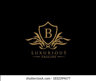 Classic Shield Logo With B Letter. Elegant Shield badge With Floral Shape perfect for fashion, Boutique, Jewelry, Hotel, Restaurant.