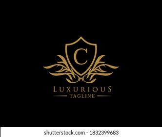 Classic Shield Logo With C Letter. Elegant Shield badge With Floral Shape perfect for fashion, Boutique, Jewelry, Hotel, Restaurant.
