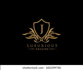 Logo Escudo Clásico Con Letra J. Elegante Blindaje con Forma Floral perfecto para la moda, Boutique, Joyería, Hotel, Restaurante.