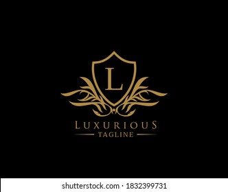 Classic Shield Logo With L Letter. Elegant Shield badge With Floral Shape perfect for fashion, Boutique, Jewelry, Hotel, Restaurant.