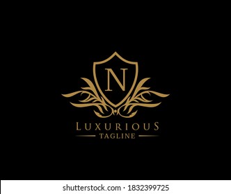Classic Shield Logo With N Letter. Elegant Shield badge With Floral Shape perfect for fashion, Boutique, Jewelry, Hotel, Restaurant.