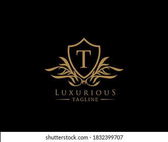 Classic-Schild-Logo mit T-Buchstaben. Elegantes Schildschild mit floraler Form perfekt für Mode, Boutique, Schmuck, Hotel, Restaurant.
