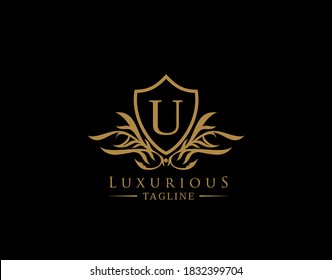 Classic Shield Logo With U Letter. Elegant Shield badge With Floral Shape perfect for fashion, Boutique, Jewelry, Hotel, Restaurant.