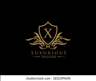 Classic Shield Logo With X Letter. Elegant Shield badge With Floral Shape perfect for fashion, Boutique, Jewelry, Hotel, Restaurant.
