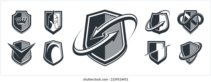 Classic shields shapes set with different additional elements vector symbols set, defense and safety icons, ammo emblems collection.