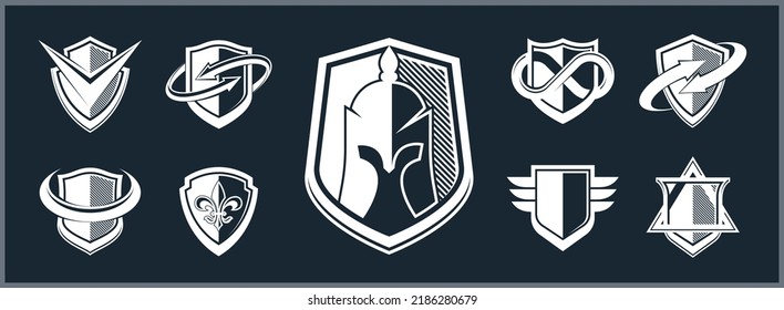 Classic shields shapes set with different additional elements vector symbols set, defense and safety icons, ammo emblems collection.