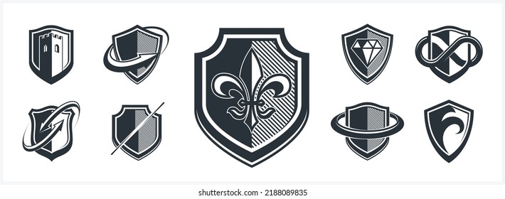 Classic shields shapes set with different additional elements vector symbols set, defense and safety icons, ammo emblems collection.