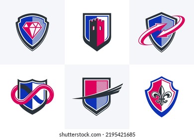 Classic shields shapes set with different additional elements vector symbols set, defense and safety icons, ammo emblems collection.