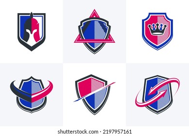 Classic shields shapes set with different additional elements vector symbols set, defense and safety icons, ammo emblems collection.