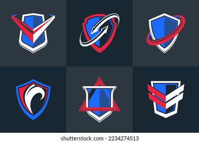 Classic shields shapes set with different additional elements vector symbols set, defense and safety icons, ammo emblems collection.