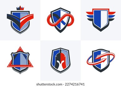 Classic shields shapes set with different additional elements vector symbols set, defense and safety icons, ammo emblems collection.