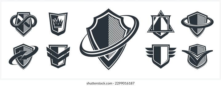 Las formas de escudos clásicos se establecen con diferentes elementos adicionales conjuntos de símbolos vectoriales, iconos de defensa y seguridad, colección de emblemas de municiones.
