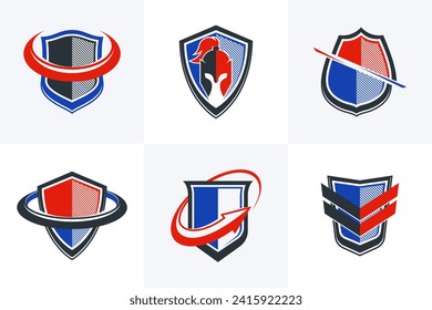Classic shields shapes set with different additional elements vector symbols set, defense and safety icons, ammo emblems collection.