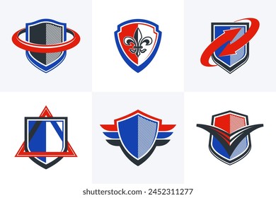 Classic shields shapes set with different additional elements vector symbols set, defense and safety icons, ammo emblems collection.