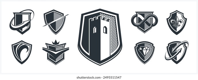 Classic shields shapes set with different additional elements vector symbols set, defense and safety icons, ammo emblems collection.