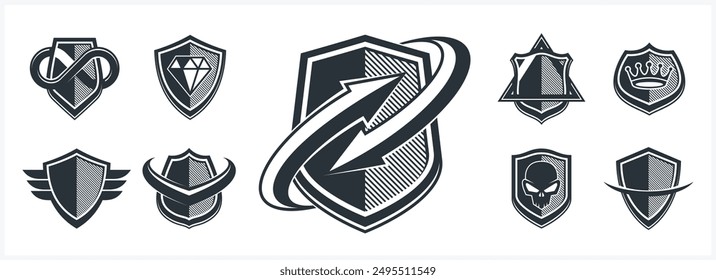 Classic shields shapes set with different additional elements vector symbols set, defense and safety icons, ammo emblems collection.