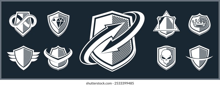 Classic shields shapes set with different additional elements vector symbols set, defense and safety icons, ammo emblems collection.