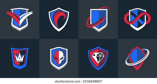 Classic shields shapes set with different additional elements vector symbols set, defense and safety icons, ammo emblems collection.