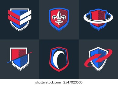 Classic shields shapes set with different additional elements vector symbols set, defense and safety icons, ammo emblems collection.