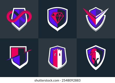 Classic shields shapes set with different additional elements vector symbols set, defense and safety icons, ammo emblems collection.