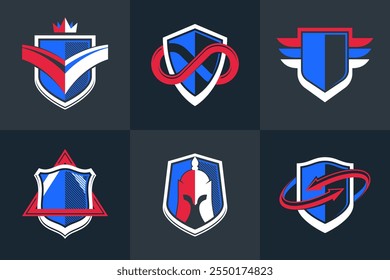 Classic shields shapes set with different additional elements vector symbols set, defense and safety icons, ammo emblems collection.