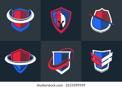 Classic shields shapes set with different additional elements vector symbols set, defense and safety icons, ammo emblems collection.