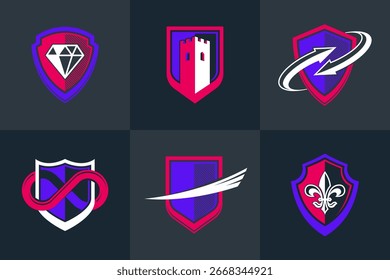 Clássico escudos formas conjunto com diferentes elementos adicionais símbolos vetoriais conjunto, ícones de defesa e segurança, coleção emblemas de munição.