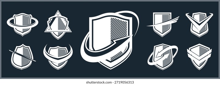 Clássico escudos formas conjunto com diferentes elementos adicionais símbolos vetoriais conjunto, ícones de defesa e segurança, coleção emblemas de munição.