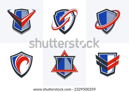 Classic shields shapes set with different additional elements vector symbols set, defense and safety icons, ammo emblems collection.